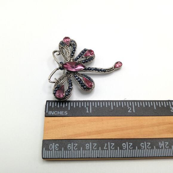 Dragonfly Pink Rhinestone Brooch, Gray Metallic Rhinestones, 1990s Vintage - Picture 5 of 10